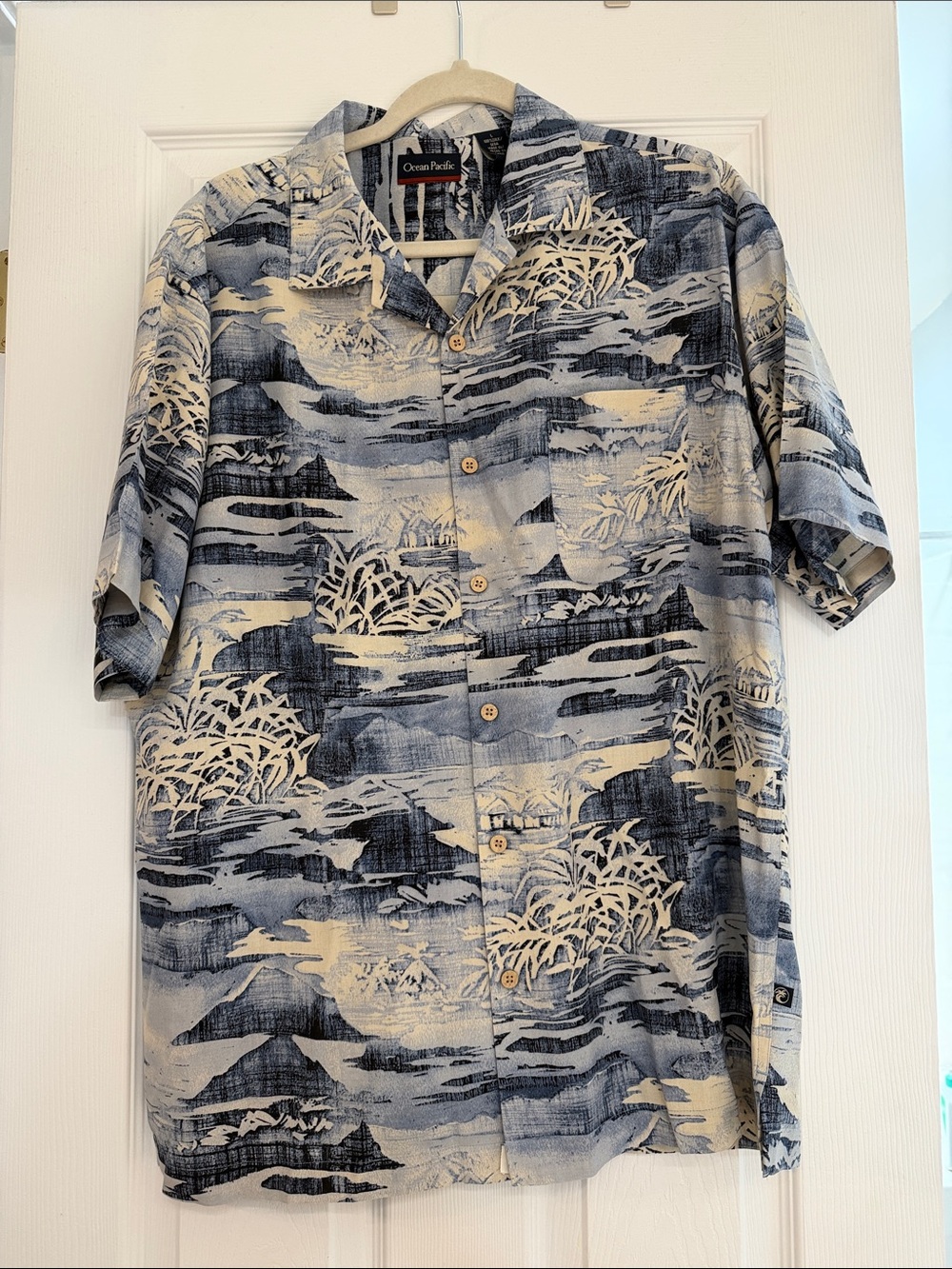 OP Men's Navy & Cream Island Print Button-Up Shirt 100% silk